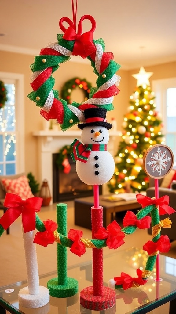 Creative Christmas decorations made from pool noodles, including a wreath, snowman, and garland in a festive living room.